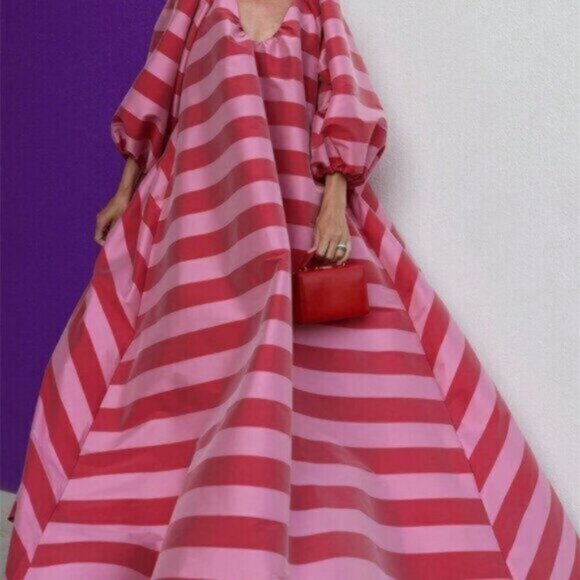 Pink Red Casual Women's V-Neck Striped Maxi Dress - Picture 4 of 7